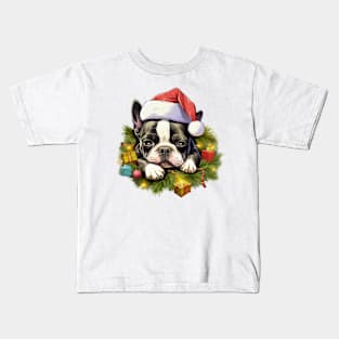 Lazy Boston Terrier Dog at Christmas Kids T-Shirt